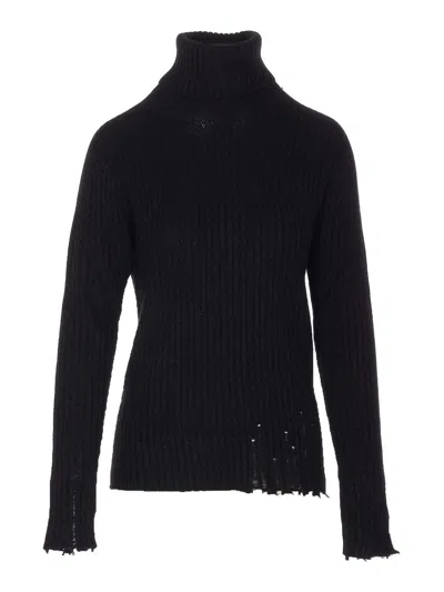 Uma Wang Knitwear Turtleneck Ribbed Distressed Hem Long Sleeves In Black