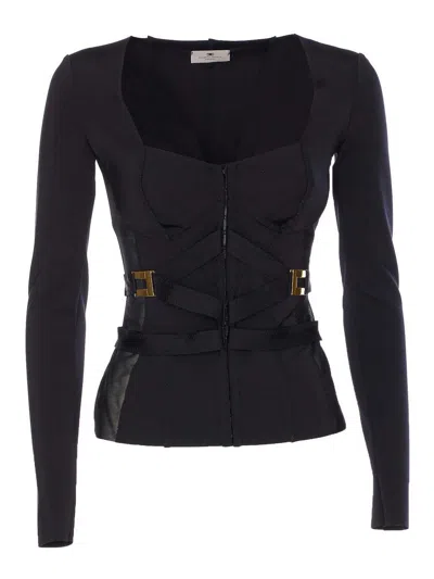 Elisabetta Franchi Sheer Panel Wide Neckline Jacket In Black