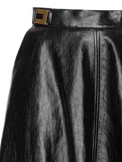 Elisabetta Franchi Crackled Leather-effect Synthetic Maxi Skirt With Flared Hem In Black