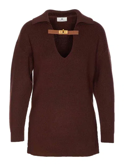 Elisabetta Franchi Sweater In Mixed Wool With A Jewel Strap In Brown