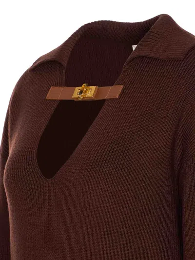 Elisabetta Franchi Sweater In Mixed Wool With A Jewel Strap In Brown