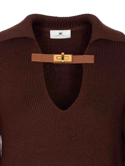 Elisabetta Franchi Sweater In Mixed Wool With A Jewel Strap In Brown