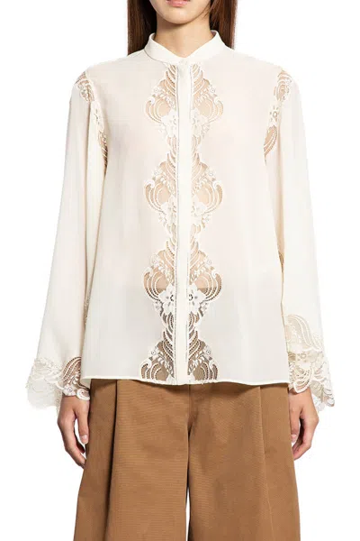 Chloé Lace Placket Tulip-sleeve Silk Blouse In White