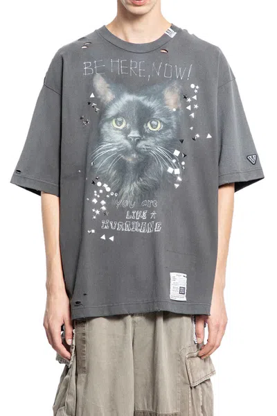 Miharayasuhiro Cat Printed Embellished Distressed T-shirt In Gray