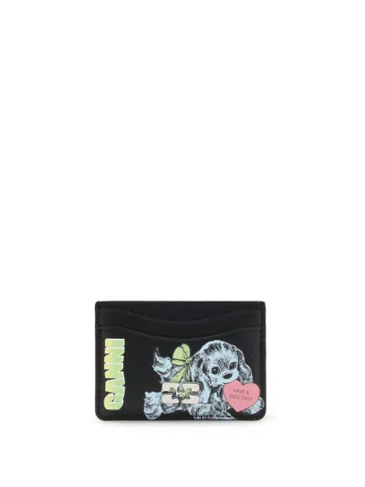Ganni Black Card Holder With Graphic Print On The Front In Leather Blend Woman In Black