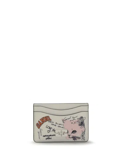 Ganni White Card Holder With Graphic Print On The Front In Leather Blend Woman In White