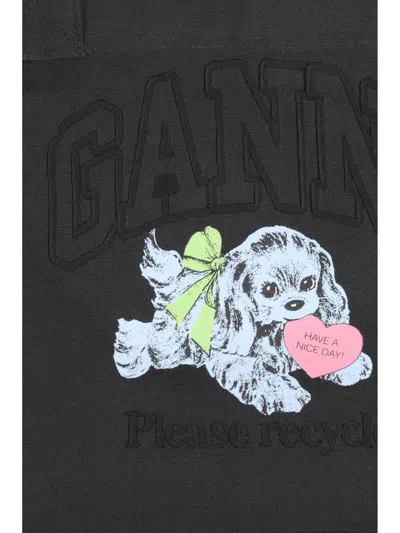 Ganni Black Large Black Shopper With Double Handles And Front Decoration In Cotton Woman In Black