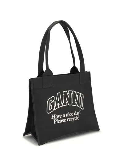 Ganni Women Black Shopper With Embroidered Logo On The Front In Denim Woman In Black
