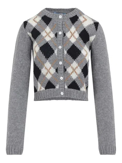 Prada Argyle Pattern Long Sleeve Knitwear Cardigan In Gray
