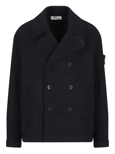 Stone Island Double-breasted Wool Peacoat In Blue