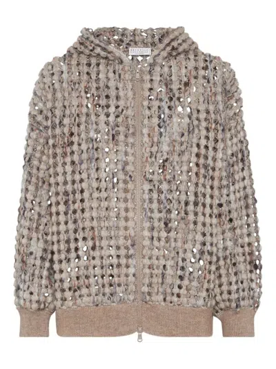 Brunello Cucinelli Balloon Net Embroidery Wool Hooded Cardigan Clothing In Brown