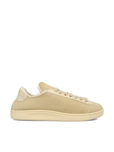 Valentino Royco Shearling Round Toe Flat Sole Sneakers In Neutral