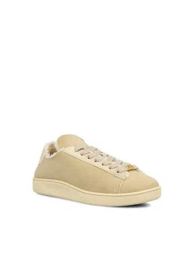 Valentino Royco Shearling Round Toe Flat Sole Sneakers In Neutral