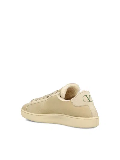 Valentino Royco Shearling Round Toe Flat Sole Sneakers In Neutral