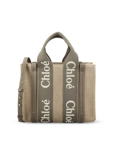 Chloé Small Woody Tote Bag In Linen In Brown