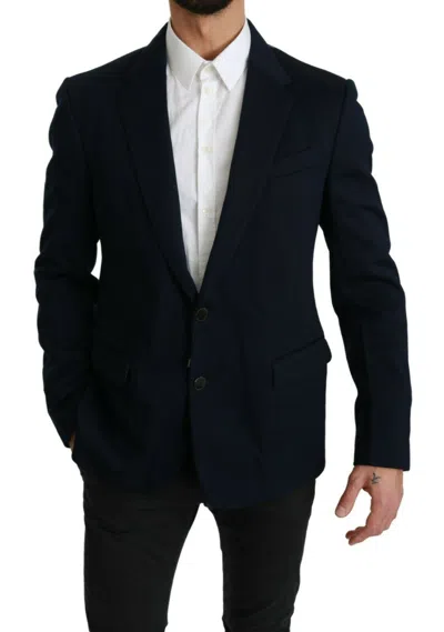 Dolce & Gabbana Blue Solid Cotton Silk Stretch Jacket Men's Blazer In Blue