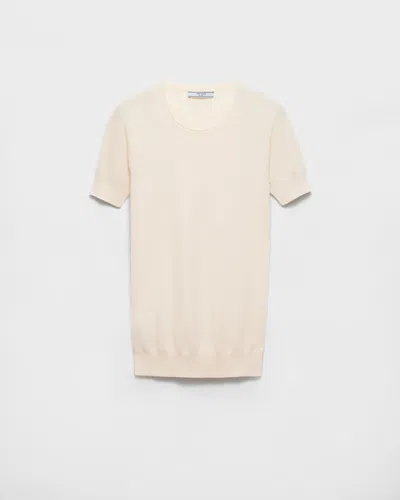 Prada Silk-cotton Short-sleeve Sweater In Neutral