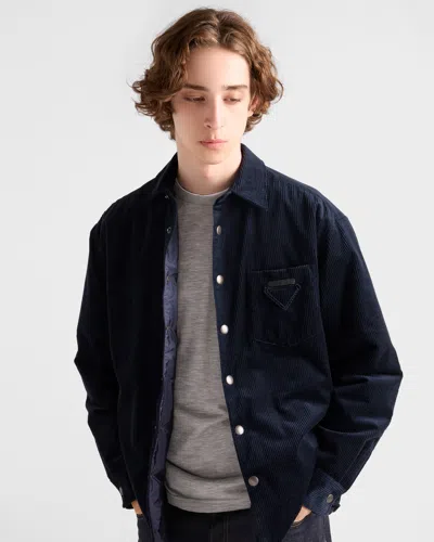 Prada Men's Cashmere And Cotton Corduroy Snap-front Overshirt In Blue