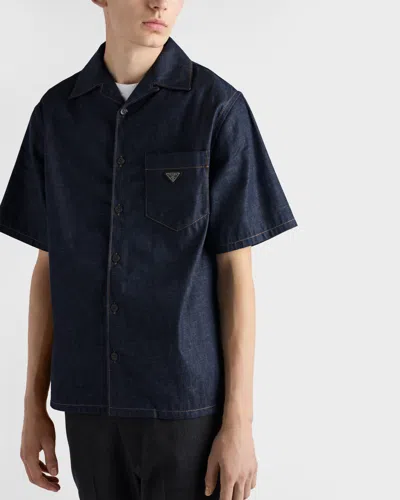 Prada Men's Raw Denim Pocket Short-sleeve Shirt In Blue