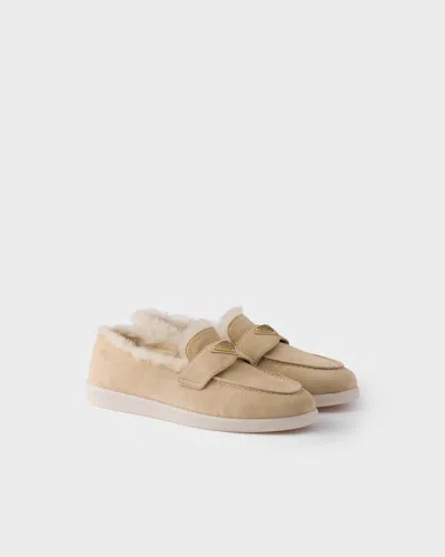 Prada Suede And Shearling Loafers In Brown