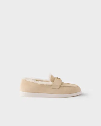 Prada Suede And Shearling Loafers In Brown