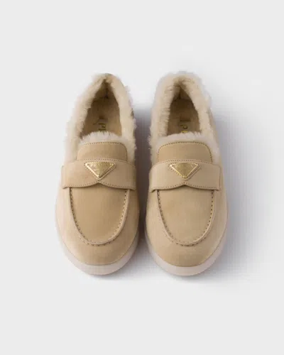 Prada Suede And Shearling Loafers In Brown