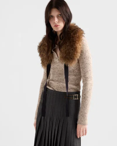 Prada Speckled Wool-linen Rib Polo Sweater In Neutral