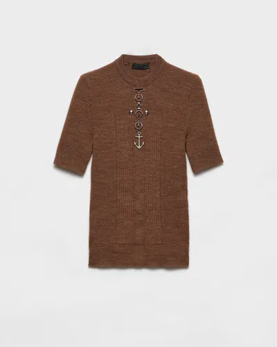 Prada Short Sleeve Wool Knit With Anchor Detail In Brown