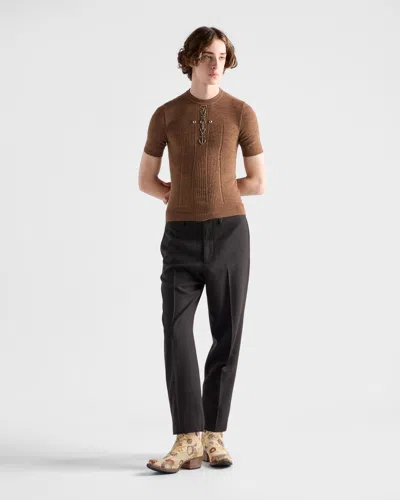 Prada Short Sleeve Wool Knit With Anchor Detail In Brown