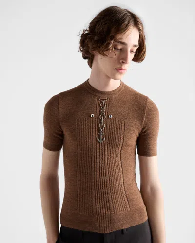 Prada Short Sleeve Wool Knit With Anchor Detail In Brown