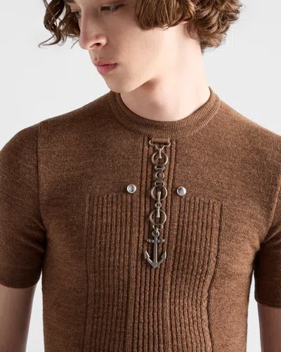 Prada Short Sleeve Wool Knit With Anchor Detail In Brown