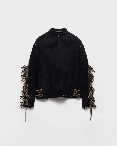 Prada Wool Crew-neck Sweater With Fringe And Studs In Black