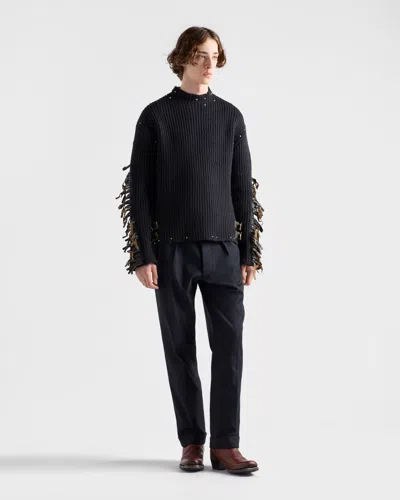 Prada Wool Crew-neck Sweater With Fringe And Studs In Black