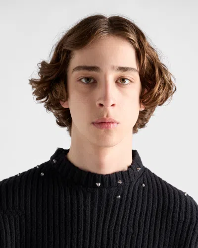 Prada Wool Crew-neck Sweater With Fringe And Studs In Black
