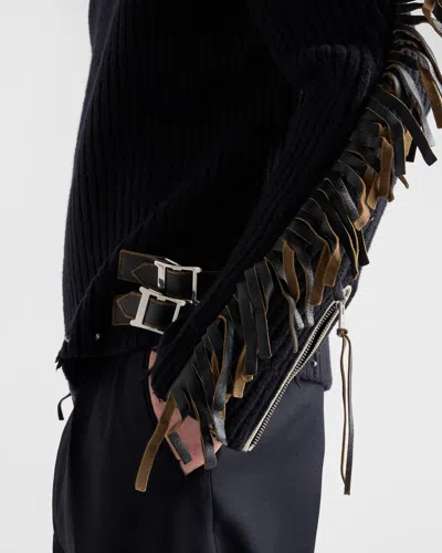 Prada Wool Crew-neck Sweater With Fringe And Studs In Black