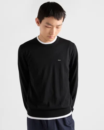 Prada Crew Neck Sweater In Combed Wool In Black
