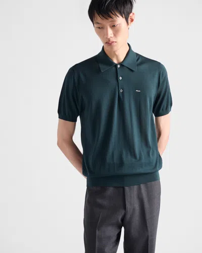 Prada Men's Superfine Wool Short-sleeve Polo Sweater In Blue