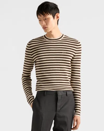 Prada Superfine Wool Striped Crew-neck Sweater In Orange