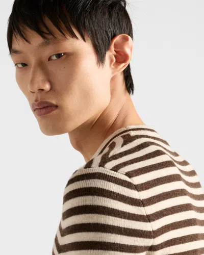 Prada Superfine Wool Striped Crew-neck Sweater In Orange