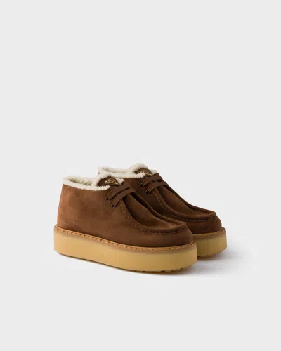 Prada Suede Chukka Boots With Shearling Lining And 5 Cm Sole Height In Brown