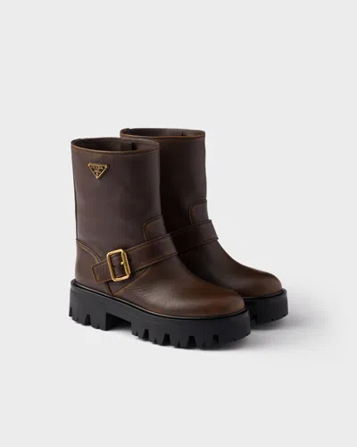 Prada Vintage-finish Leather Booties In Brown