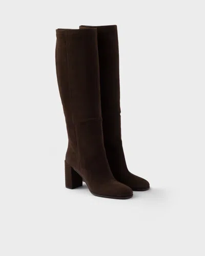 Prada Heeled Suede Boots In Brown