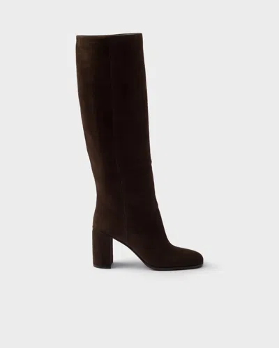 Prada Heeled Suede Boots In Brown