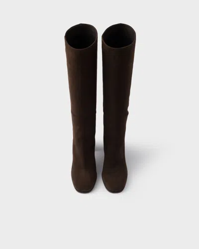 Prada Heeled Suede Boots In Brown