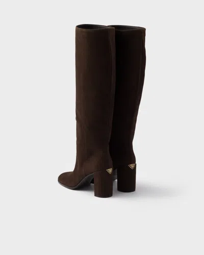 Prada Heeled Suede Boots In Brown
