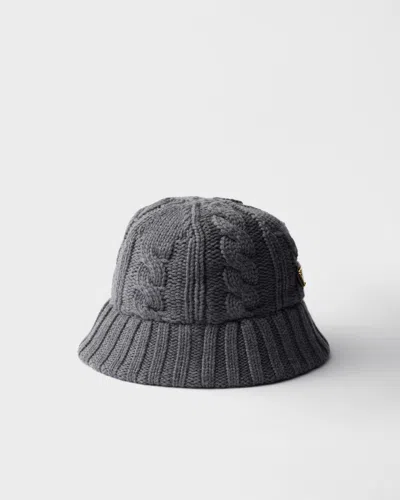 Prada Cable-knit Logo Bucket Hat In Gray