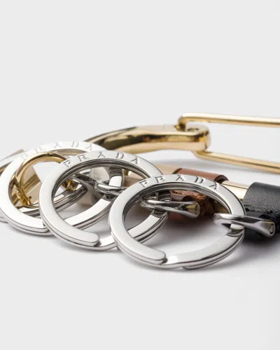 Prada Womens Black Carabiner Leather And Metal Keychain In Gold