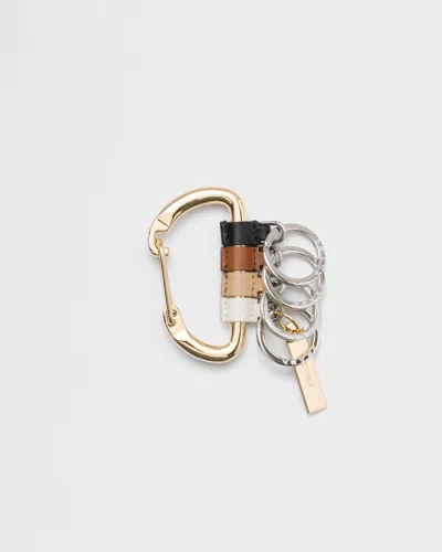 Prada Womens Black Carabiner Leather And Metal Keychain In Gold