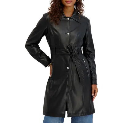 Kensie Belted Faux Leather Trench Coat In Black