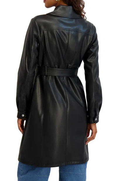 Kensie Belted Faux Leather Trench Coat In Black